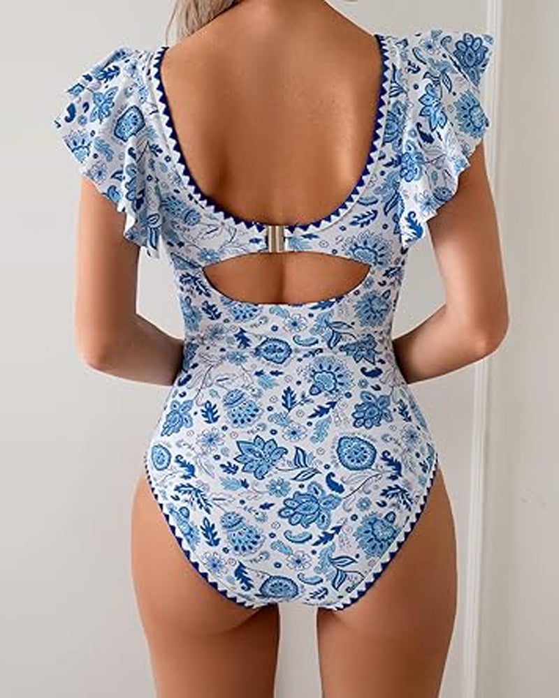 Deep V Ruffle Short-Sleeve Tummy-Controlling Printed One-Piece Swimsuit