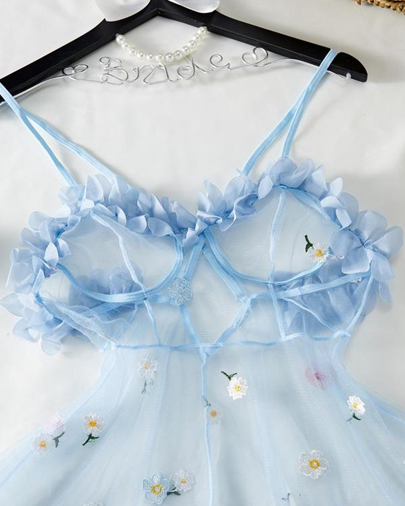 Sexy See-Through 3D Flower Lace Mesh Suspender Dress
