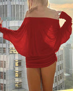 Women's Sexy Loose See-through Bat Sleeve Off-the-shoulder Long Sleeve Mini-Pleated Dress