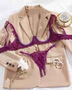 Women's Lace Sexy Underwire Spaghetti Straps Adjustable Bra and Open Crotch Design Thong Set