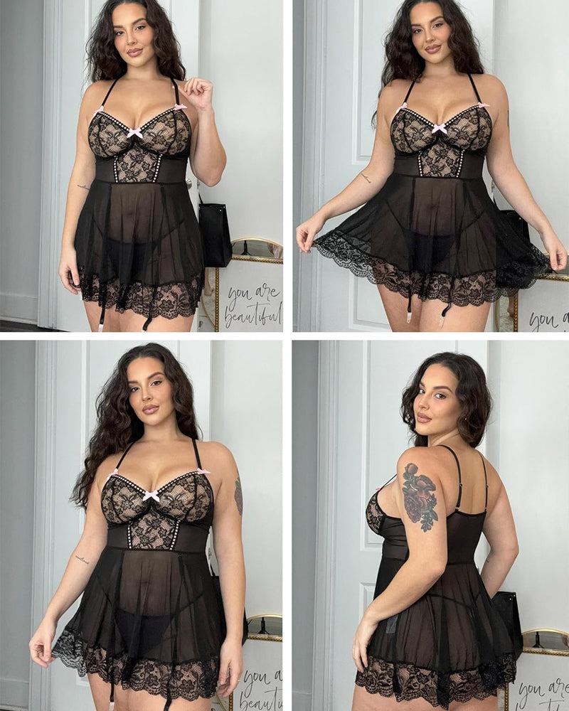Sexy Deep V Neck Lace Mesh Suspender Nightdress with Garter Belt