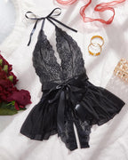 Women's Sexy Flower Lace Open Crotch Design Suspender Tight Backless Nightgown