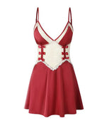 Women's V-Neck Lace Colorblock Ice Silk Bow Design Suspender Nightdress