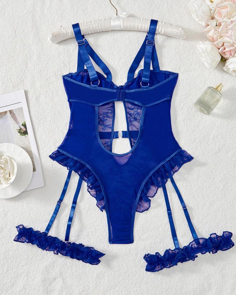 Sexy Lace Mesh Backless Ruffled Decoration Hollow Ring Buckle One-Piece Pajamas