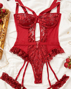 Sexy Lace Mesh Backless Ruffled Decoration Hollow Ring Buckle One-Piece Pajamas