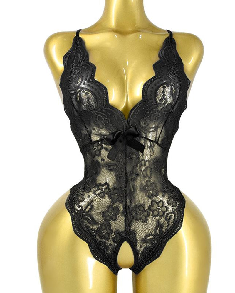 Deep V Sexy Translucent Floral Lace Cross-Back Open Crotch Design One-Piece Pajamas