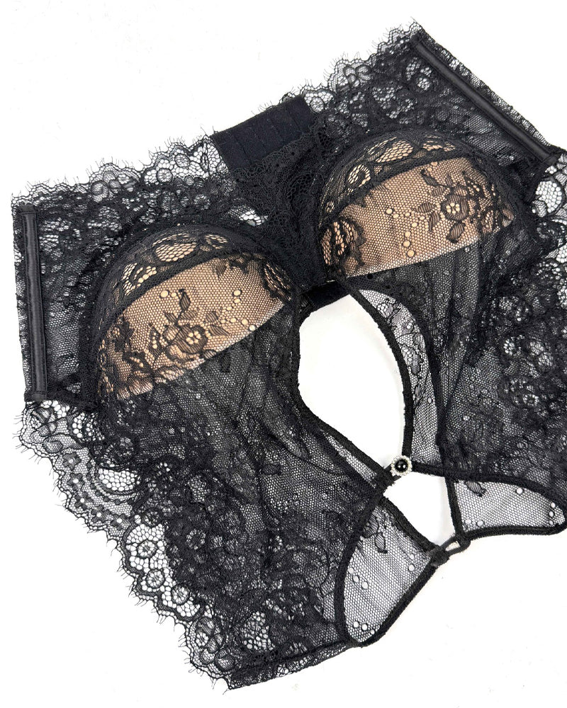 Black Sexy See-Through Lace Button Bra Top
