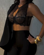 Black Sexy See-Through Lace Button Bra Top