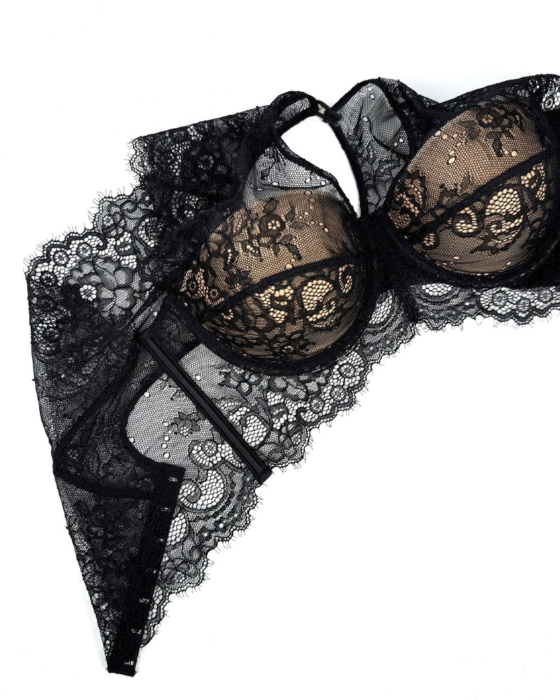 Black Sexy See-Through Lace Button Bra Top