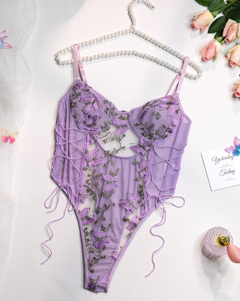 Women's Sexy Mesh Butterfly Embroidery Open Back Bodysuit
