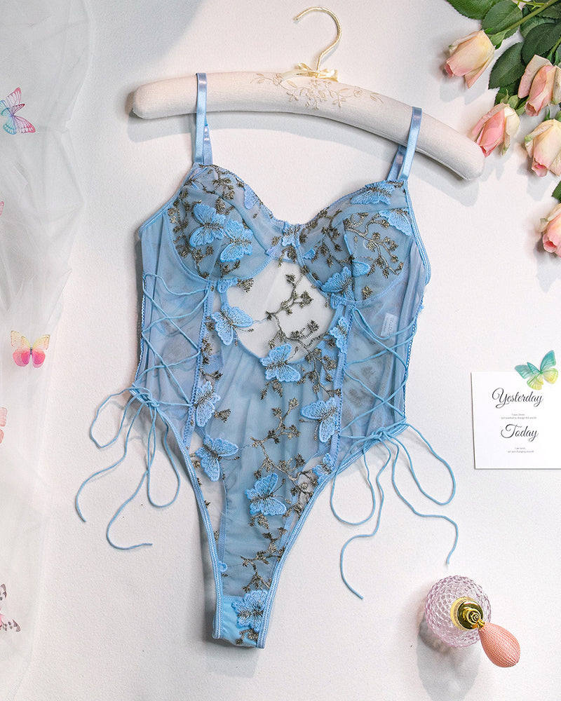 Women's Sexy Mesh Butterfly Embroidery Open Back Bodysuit