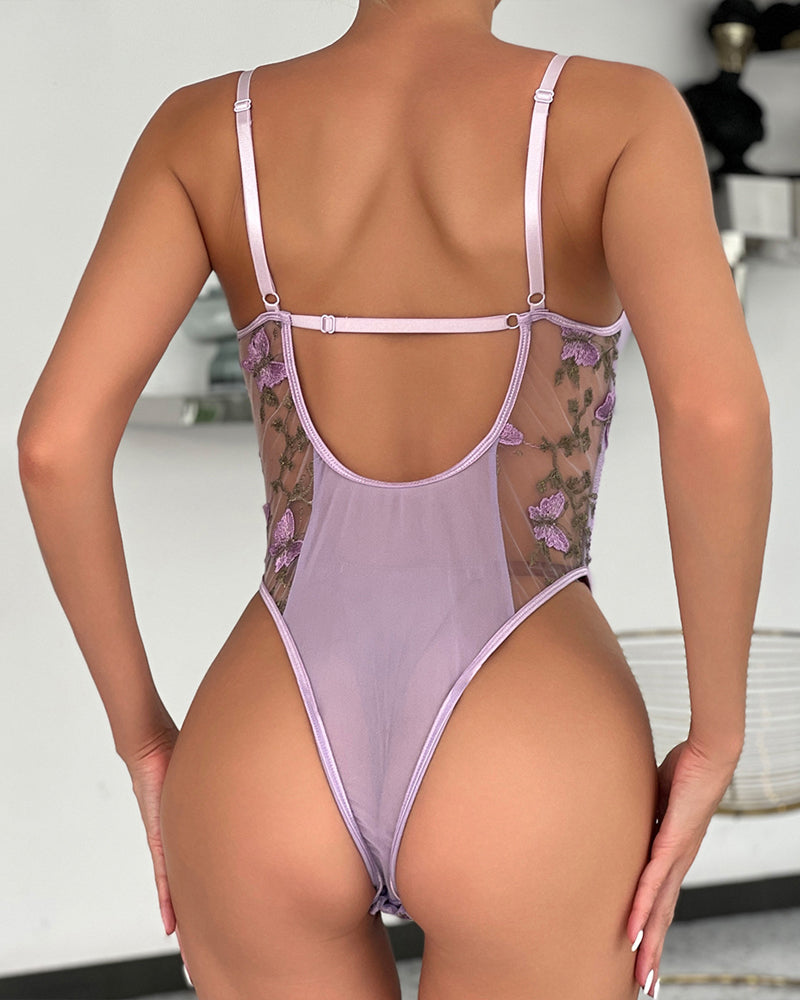 Women's Sexy Mesh Butterfly Embroidery Open Back Bodysuit