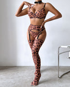 Sexy Leopard Push-Up Bra Underwear Thong Set With Stockings and Choker 6 Pieces Set