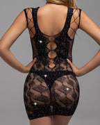 Sexy Diamond Hollow Black Lace Nightdress
