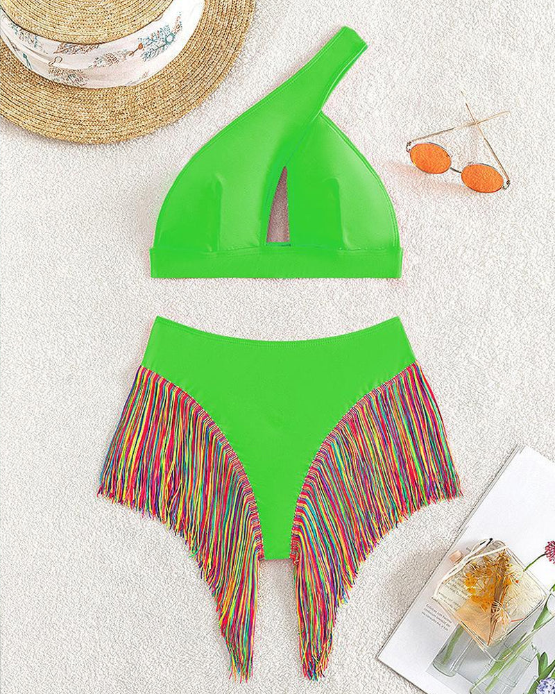Women's Solid Fringe Hem Bikini Swimsuit