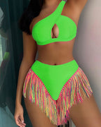 Women's Solid Fringe Hem Bikini Swimsuit