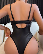 Sexy PU Leather Lace Stitching Push-Up Bra Strap Bodysuit