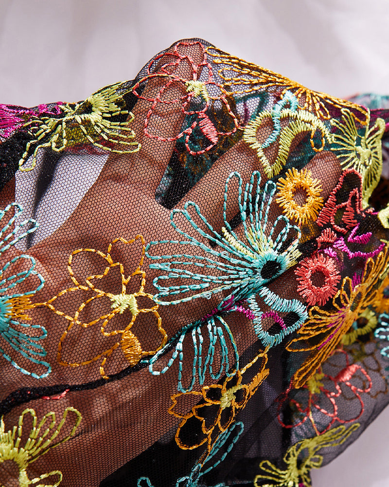 Colorful Flower Embroidery Sexy Lace Underwire Gathered Mesh Bodysuit