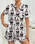 Women's Halloween Printed Casual Short Sleeve Top and Shorts Pajama Set