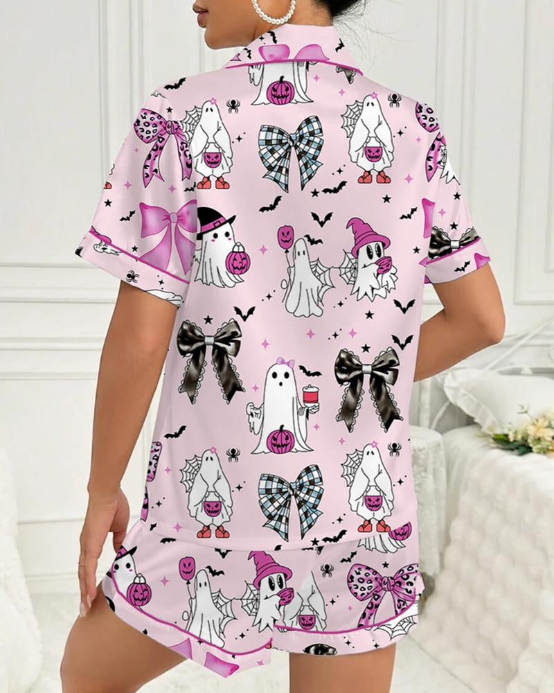 Women's Halloween Printed Casual Short Sleeve Top and Shorts Pajama Set