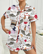 Women's Halloween Printed Casual Short Sleeve Top and Shorts Pajama Set