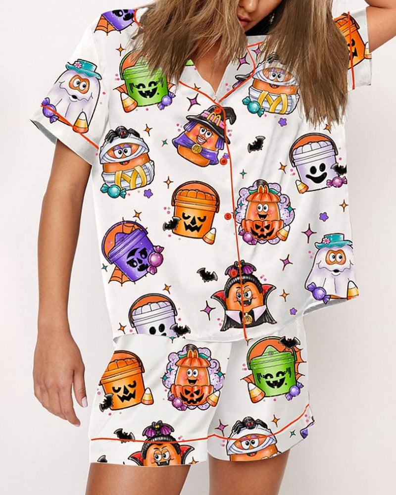 Women's Halloween Printed Casual Short Sleeve Top and Shorts Pajama Set