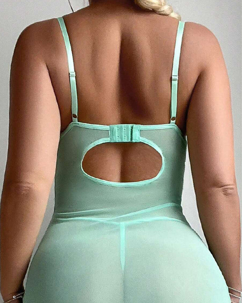 Butterfly Applique Mesh Sheer Slit Fitted Camisole Nightdress and Thong Set