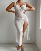 Butterfly Applique Mesh Sheer Slit Fitted Camisole Nightdress and Thong Set