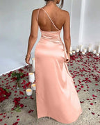Women's Sexy One Shoulder Satin High Slit Cocktail Wedding Party Long Dress