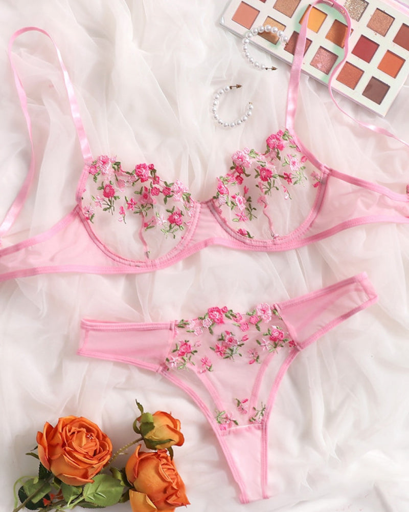 Women's Lace Flower Underwire Sexy Bra Set