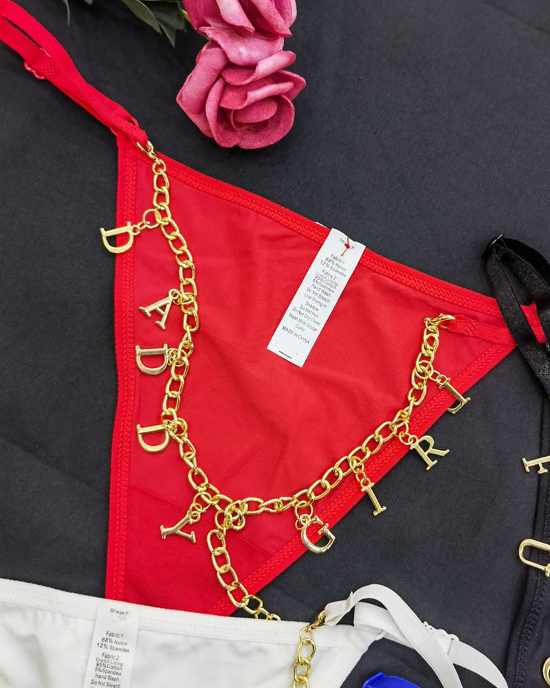 Sexy Gold Rhinestone Letter Chain Thongs