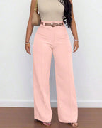 Casual High Waist Solid Color Pocket Wide Leg Pants