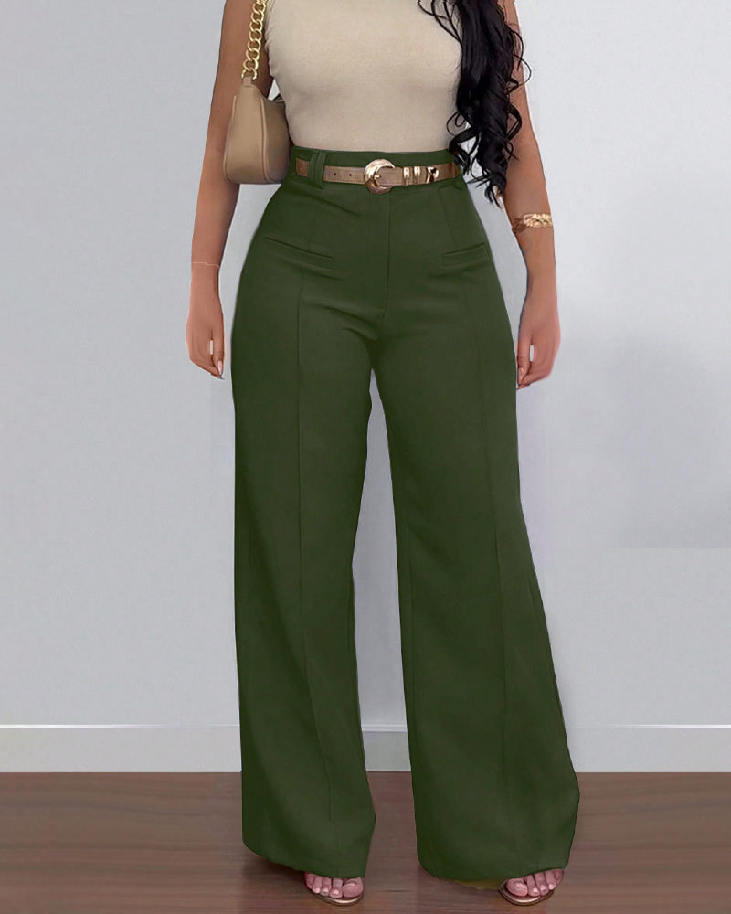 Casual High Waist Solid Color Pocket Wide Leg Pants