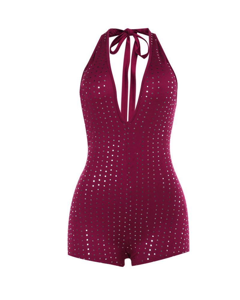 Sexy Slim Fit Deep V Jumpsuit with Rhinestones