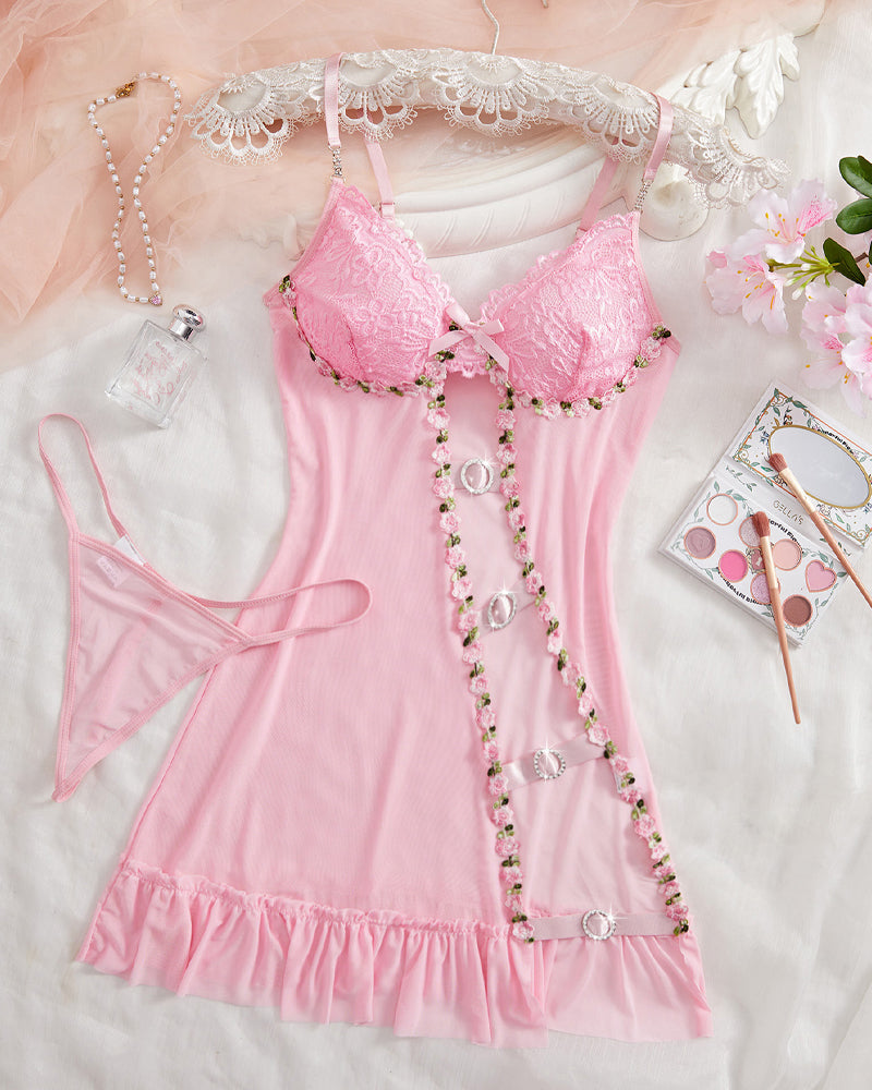 Sexy Deep V Lace Sheer Hollow Strap Nightdress