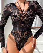 Sexy Deep V Mesh Transparent Backless Hollow Long-sleeved Open Crotch One-piece Pajamas