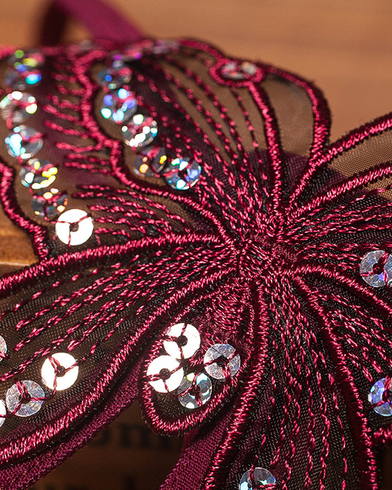 Sexy Sequin Butterfly Embroidered Open Crotch Massage Pearl Thong