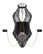 Deep V Halterneck Patent Leather Lace Splicing Bondage Metal Chain Sexy Lingerie