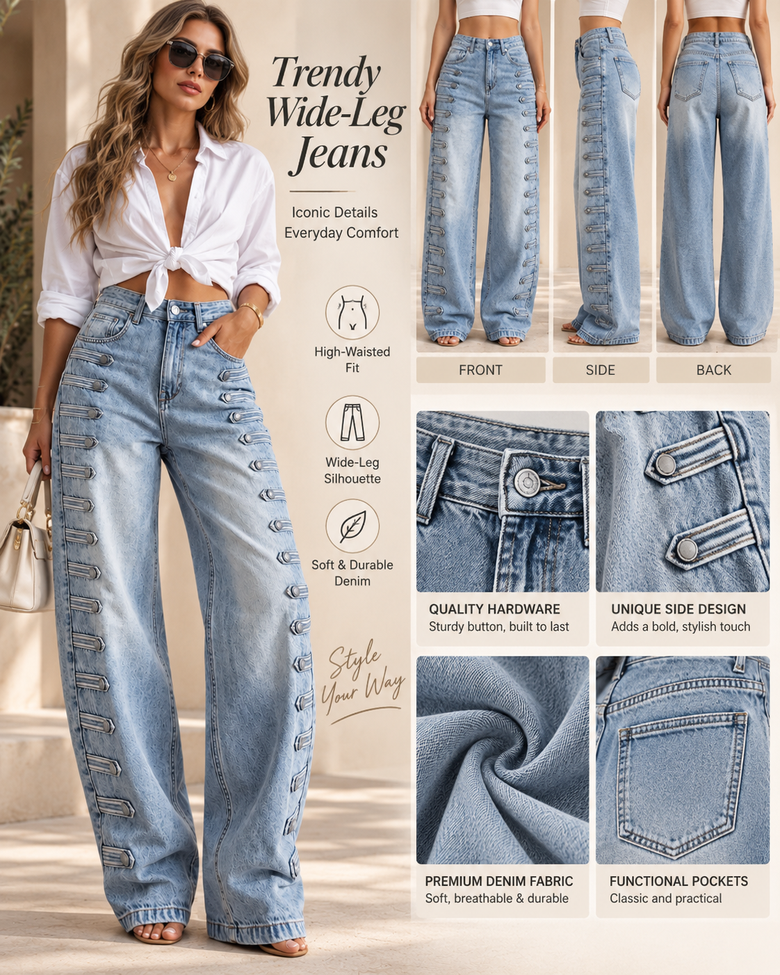 High Waist Side Multi Strap Buckle Wide Leg Jeans