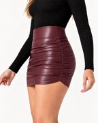 High Waist Tummy Control Ruched 2-in-1 Fleece PU Mini Bodycon Skirt