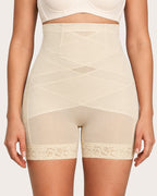 High Waist Tummy Control Sheer Mesh LaceTrim Shaping Shorts