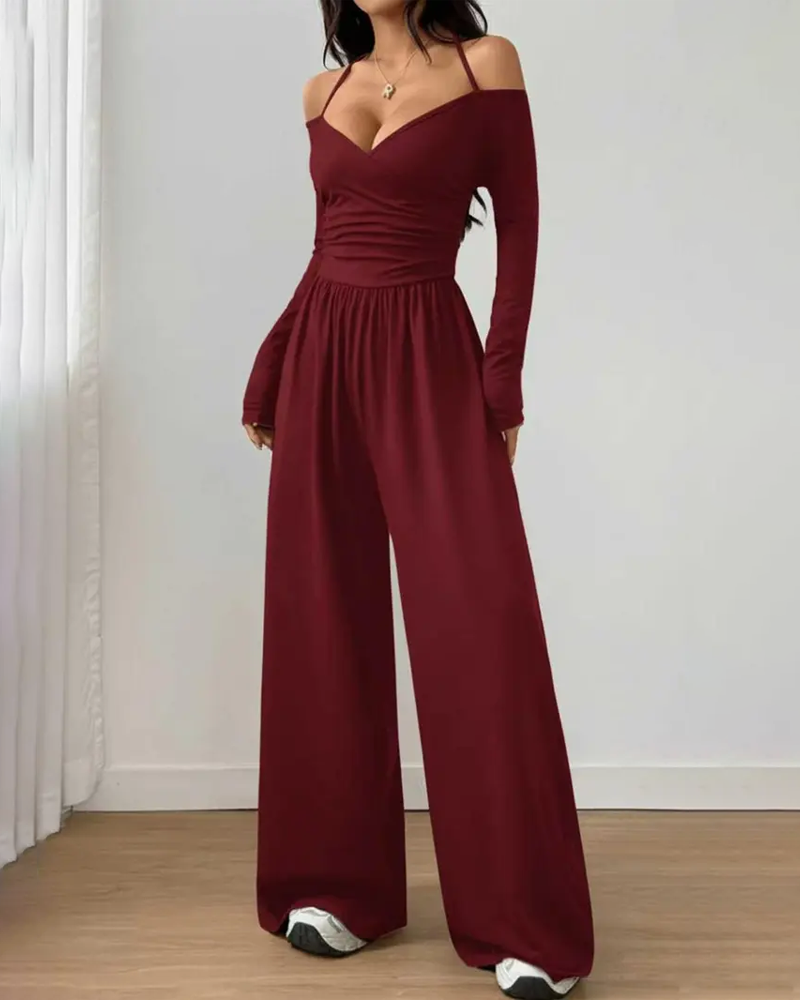 Basic Halter-Neck Fashion Solid Color Knit Long Sleeve Ruched Wide Leg Jumpsuit