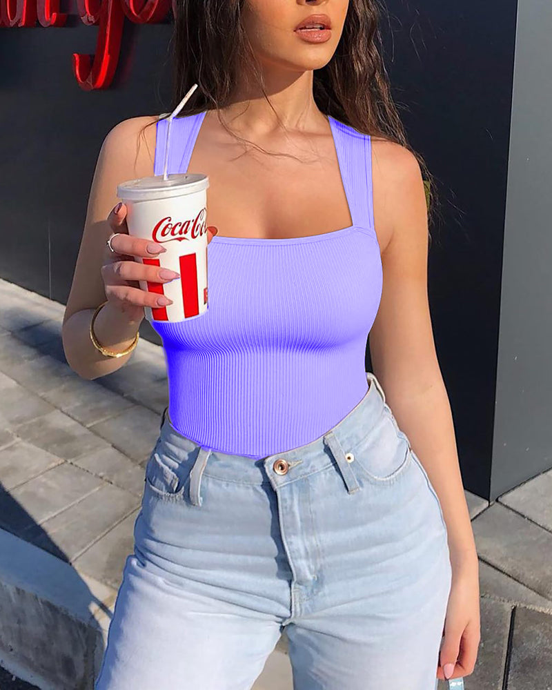 Women's Square Neck Sleeveless Knit Ribbed Vest Bodysuit