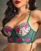 Floral Embroidery Sheer Mesh Front-Closure Lingerie Set