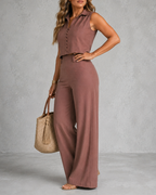 Slimming Sleeveless Top and High Waist Wide Leg Casual Long Pants Set