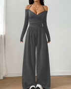 Basic Halter-Neck Fashion Solid Color Knit Long Sleeve Ruched Wide Leg Jumpsuit