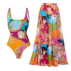 Round Neck Shell Print One Piece Swimsuit and Sarong or Skirt