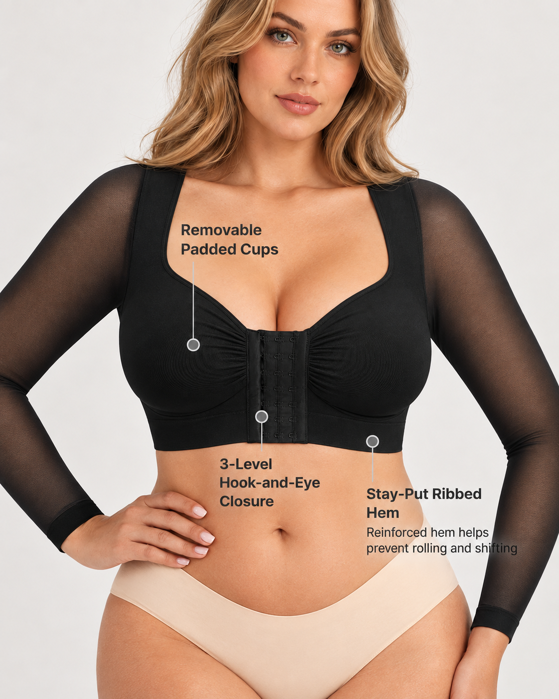 Front‑Closure U‑Shape Compression Built‑In Bra Long Sleeve Mesh Top