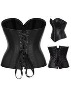 Sexy Zippered Black Leather Steel Boned Back Drawstring Corset