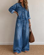 Sexy Button-Front Denim Shirt Loose Wide-Leg Jumpsuit